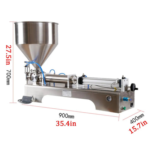 Heavy Duty Pneumatic Filling Machine With Stainless Steel Hopper For Liquids And Pastes Automatic Manual Control, dimensions shown.