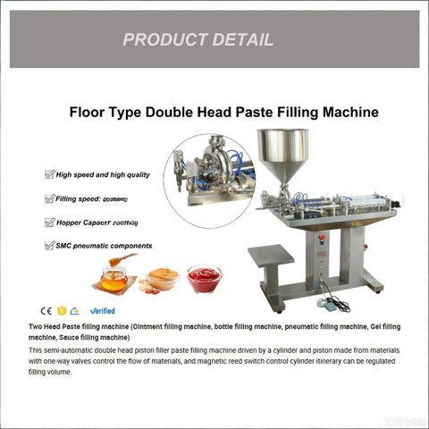 Heavy Duty Dual Head Pneumatic Paste Filling Machine With 50L Vertical Hopper for thick cream and cosmetic liquids.