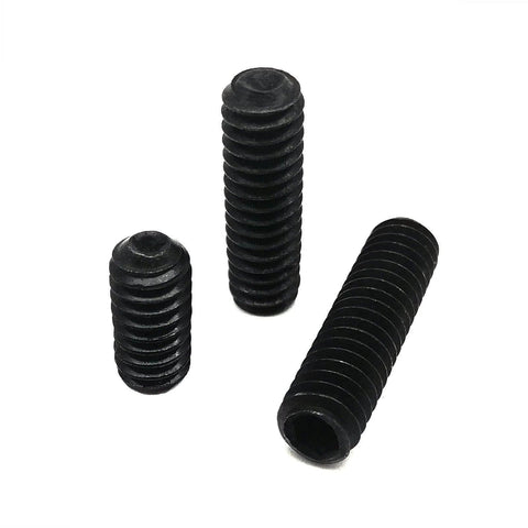 Three black 10 Pack UNC 1/4-20 Set Screws, 304 Stainless Steel Black Oxide Hex Socket Cup Point Grub Bolts, 1-3/4 Inch Length