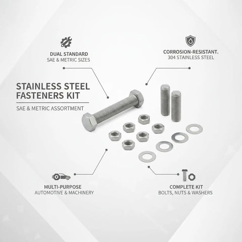 Shop Ready 304 Stainless Steel Hex Bolt Nut Washer Kit With SAE And Metric Fasteners displayed with bolts, nuts, and washers.