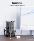 All In One Power Strip Tower With 15W Magnetic Wireless Charger And 1050J Surge Protector on desk next to computer monitor
