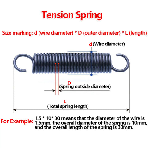 Pack Of 2 Heavy Duty Dual Hook Tension Springs In Gray And Black Featuring 3Mm Wire With 18-20mm Outer Diameter And Variable Lengths From 60 To 500 Mm For Tough Projects And Electronics Repairs. Image showing tension spring dimensions.