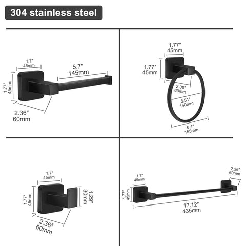Matte Black 4 Piece Bathroom Hardware Set With 17 Inch Towel Bar, Towel Ring, Toilet Paper Holder And Wall Hook dimensions