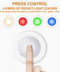 Finger pressing LED puck light with warm white, red, green, blue options; 13 Color LED Puck Lights With Remote Control Wireless Battery.