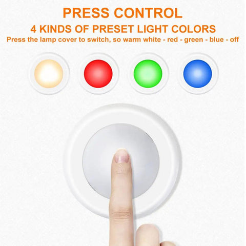 Finger pressing LED puck light with warm white, red, green, blue options; 13 Color LED Puck Lights With Remote Control Wireless Battery.