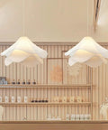 HLRCB Indoor Pendant Light, Fabric Pleated Shade, Modern Suspended Mount over a wooden shelf in a stylish interior.