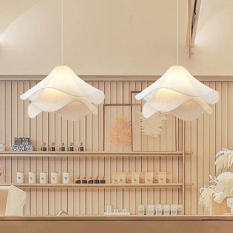 HLRCB Indoor Pendant Light, Fabric Pleated Shade, Modern Suspended Mount over a wooden shelf in a stylish interior.