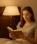 Woman reading under Designer Headboard Lamp With Cotton Shade, Easy Hanging Over Your Bed, Portable Reading Light, Plastic And Metal Build