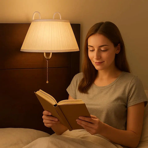 Woman reading under Designer Headboard Lamp With Cotton Shade, Easy Hanging Over Your Bed, Portable Reading Light, Plastic And Metal Build