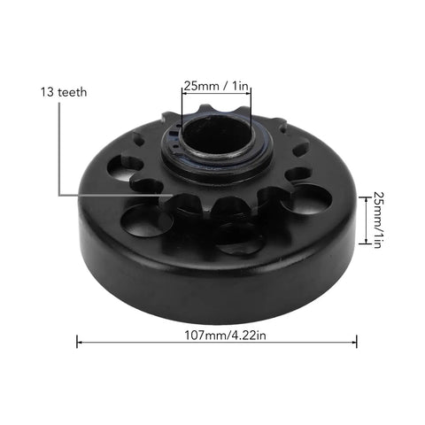 Built Tough Heavy Duty Centrifugal Clutch With One Inch Bore And Thirteen Teeth For Mini Bikes Go Karts And Small Gas Engines Grabs Hard At Two Thousand Three Hundred RPM For Rock Solid Power Transfer And Zero Slip Action Every Time You Ride, 13 teeth design.
