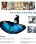 Blue Oval Glass Vessel Sink With Waterfall Faucet And Pop Up Drain Above Counter Bathroom Vessel Sink Artistic Tempered Glass Bowl Modern Dope Boat Shape Design For Stylish Home Renovation shown in various bathroom settings.