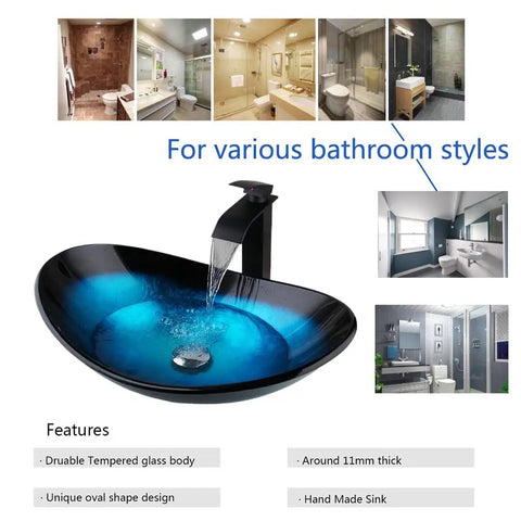 Blue Oval Glass Vessel Sink With Waterfall Faucet And Pop Up Drain Above Counter Bathroom Vessel Sink Artistic Tempered Glass Bowl Modern Dope Boat Shape Design For Stylish Home Renovation shown in various bathroom settings.