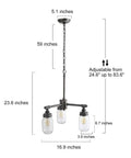 Farmhouse Mason Jar Chandelier Pendant Light for Kitchen Island and Dining Room with dimensions and adjustable metal frame.