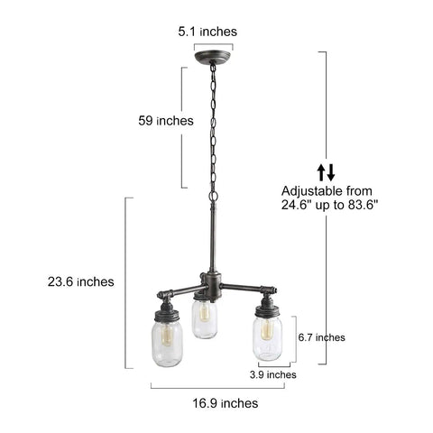 Farmhouse Mason Jar Chandelier Pendant Light for Kitchen Island and Dining Room with dimensions and adjustable metal frame.