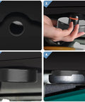 Front view of a Tesla undercarriage jack-point opening for rubber lift puck use.
Close-up side view of knurled rubber lift puck with orange seal cap being installed.
Close-up of a single knurled rubber lift puck for Tesla lifting.
Installed rubber lift pucks stacked under Tesla body for jack support.