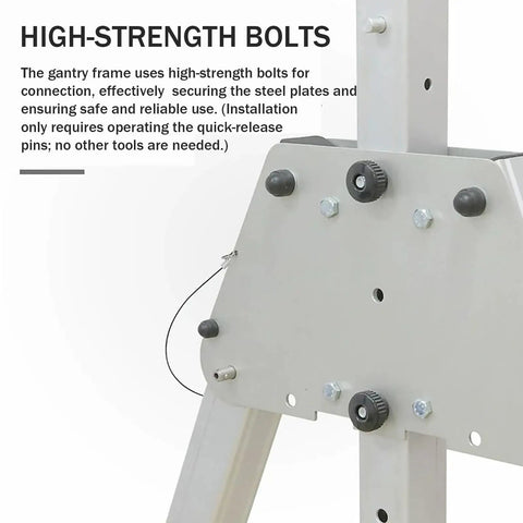 High-strength bolts on Portable Aluminum Shop Gantry Crane, 2204 Pound Heavy Duty Rating, securing frame for safe use.