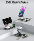 Foldable 3 In 1 Magnetic Wireless Charging Station for Apple MagSafe Charger Stand with iPhone, Apple Watch, AirPods Pro shown charging