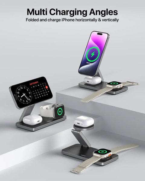 Foldable 3 In 1 Magnetic Wireless Charging Station for Apple MagSafe Charger Stand with iPhone, Apple Watch, AirPods Pro shown charging