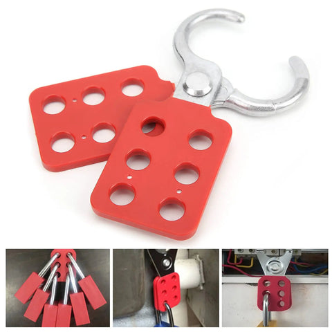 Pro Grade Red Lockout Hasp Set 10 Pack, 25mm Safety Tagout Solution features red 6-hole hasps for industrial equipment locking