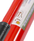 Red 20-ton porta power hydraulic jack cylinder with black ribbed handle (close-up)