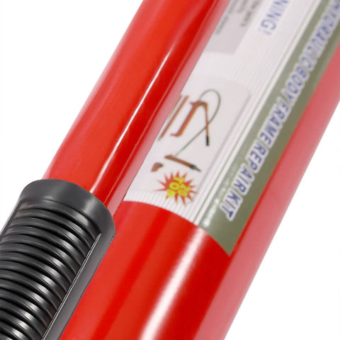 Red 20-ton porta power hydraulic jack cylinder with black ribbed handle (close-up)
