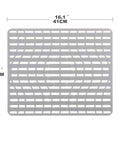 Top view of silicone sink mat protector for kitchen sink, non slip, PVC free, heat safe, 16x13 inches, shown with dimensions.