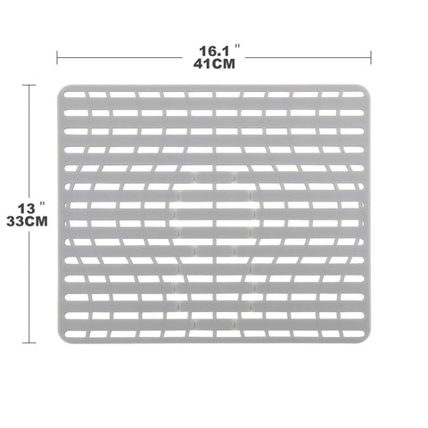 Top view of silicone sink mat protector for kitchen sink, non slip, PVC free, heat safe, 16x13 inches, shown with dimensions.