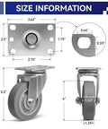 Size information graphic showing dimensions of 4 Inch Heavy Duty Industrial Caster Wheels Set Of 4 Non Marking Rubber Tread.
