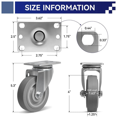 Size information graphic showing dimensions of 4 Inch Heavy Duty Industrial Caster Wheels Set Of 4 Non Marking Rubber Tread.