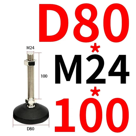 Beefy Adjustable Lathe Leveling Feet With Rock Solid Swivel Base And Articulating Legs M14 Thru M24 Threads Accommodating 80mm And 100mm Diameters displayed with size labels.