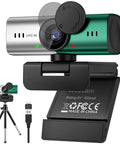 Crisp 4K Webcam For Pc Or Laptop With Killer Noise Cancelling Mic, Easy Plug Play Usb Setup Featuring Fast Autofocus And Silky Smooth Zoom, Tough Aluminum Build Totally Rock Solid For Streams Or Desk Calls In Silver Green, showing camera details and tripod.