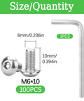 100 Pcs M6 X 10mm Button Head Socket Cap Bolts Made From Rust Busting 304 Stainless Steel, showing sizes and hex wrench.