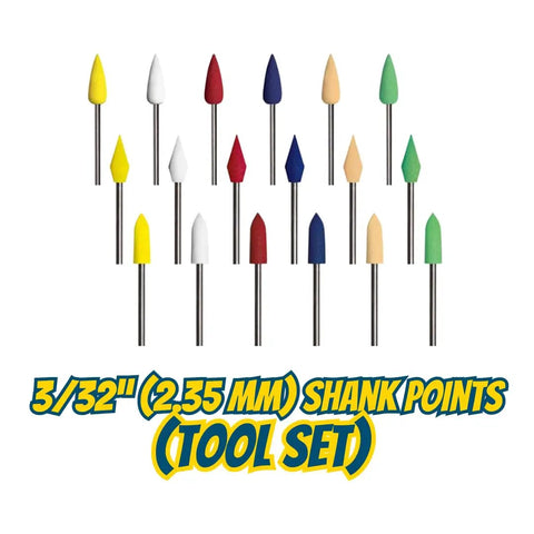 Sunburst 3/32 Inch Shank Thermoplastic Rotary Cleaning Deburring And Polishing Points Set in multiple colors and shapes