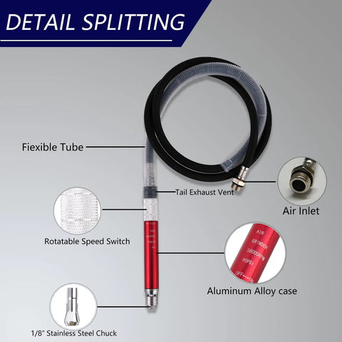 Detail of the Ready To Roll 58000 Rpm Air Pencil Grinder 17Pc Pneumatic Micro Die Kit with flexible tube and air inlet.