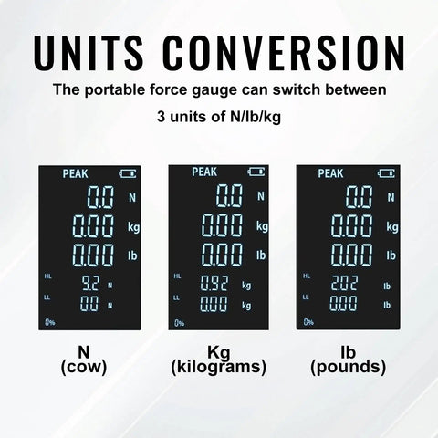 Large Screen Digital Force Gauge 1000N Push Pull Meter With Data Output Real Time And Peak Value Modes First Peak Toggle Dual Kg And Lb Display Screen Flip Function Zero Point Five Percent Accuracy Beast Tension And Compression Tester, unit conversion display
