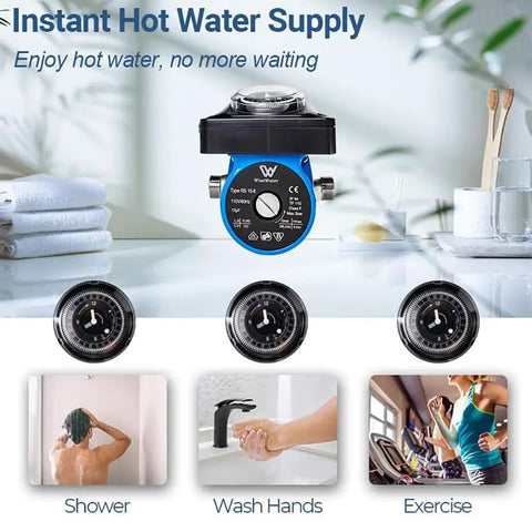 Heavy Duty 115V Hot Water Recirculating Pump With Built In Timer And Whisper Quiet Operation 10 GPM Circulator displayed with timers, in bathroom setting.