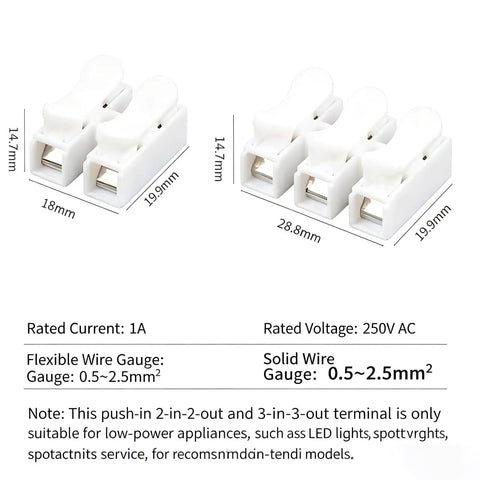 Ditch The Tapes And Tools With These Badass 100Pcs Quick Wire Connectors For Lightning Fast LED And Electrical Splice Jobs That Feel Like Magic On Any Diy Project Or Home Build Without Stressing About Screw Tighteners. 2- and 3-port white plastic push-in connectors, 14.7mm tall
