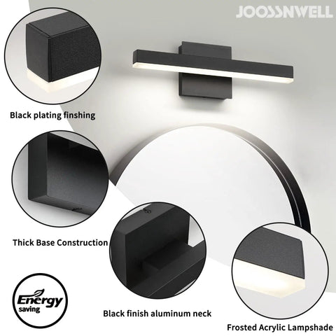 LED Bathroom Vanity Light Bar 15.75 Inch Black Wall Sconce 12W 4000K Non Dimmable Modern Bath Fixture with close-up details