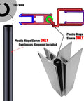 Black Plastic Hinge Sleeves For Shower Doors 72 Inches Long Continuous Hinge Replacement Covers shown top view and side view with installation details.