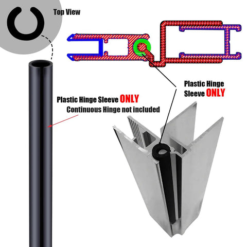 Black Plastic Hinge Sleeves For Shower Doors 72 Inches Long Continuous Hinge Replacement Covers shown top view and side view with installation details.