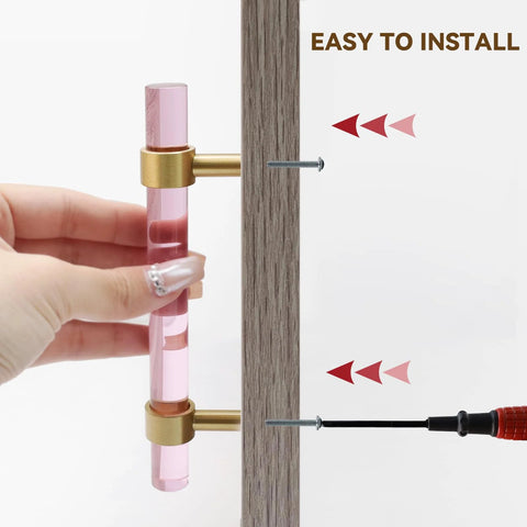 Installing Crystal Cabinet Pulls 4 Pack Pink Drawer Pulls with Crystal Glass and Gold Brass Base on cupboard, screws included