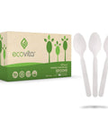 100% Compostable Large Disposable Spoons, 6.5 Inch Bulk Pack, Eco Friendly, Ultra Durable and Heat Resistant Cutlery Alternative With Tray for Parties, Catering, and Everyday Use, ivory white spoons and box
