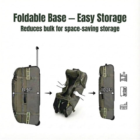 Rolling duffel bag, army green, 100L capacity, with wheels and extendable handle; foldable base design