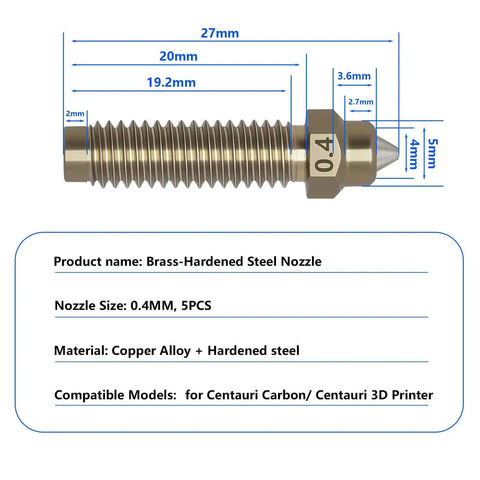 Diagram of 5 Pack Brass Hardened Steel Nozzle For Centauri Carbon and Centauri 3D Printer, 0.4mm, dimensions and features labeled