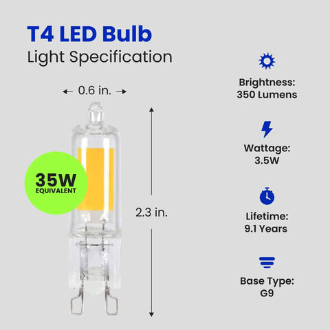 T4 LED G9 Base Bulb Dimmable 35W Equivalent Warm White 3000K 120V 350 Lumens 10,000 Hour Life UL Listed Energy Saver