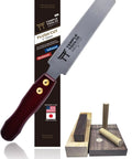 Heavy Duty Six Inch Japanese Flush Cut Saw With Double Edge Pull Design on a display with wooden pieces for dowel trimming.