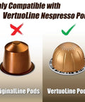 Diagram showing compatibility of Crystal Tempered Glass Vertuo Pod Drawer for VertuoLine Nespresso pods, not OriginalLine.