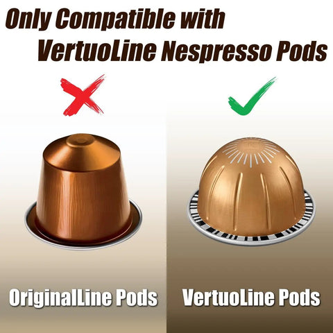 Diagram showing compatibility of Crystal Tempered Glass Vertuo Pod Drawer for VertuoLine Nespresso pods, not OriginalLine.
