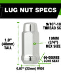Chrome 9/16-18 Lug Nuts For Aftermarket Wheels Set Of 32, Closed End XL Bulge Acorn Style, 48mm Tall, specification details