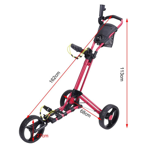 Lightweight Aluminum Golf Push Cart Foldable Three Wheel Trolley With Adjustable Handle showing height and width dimensions.